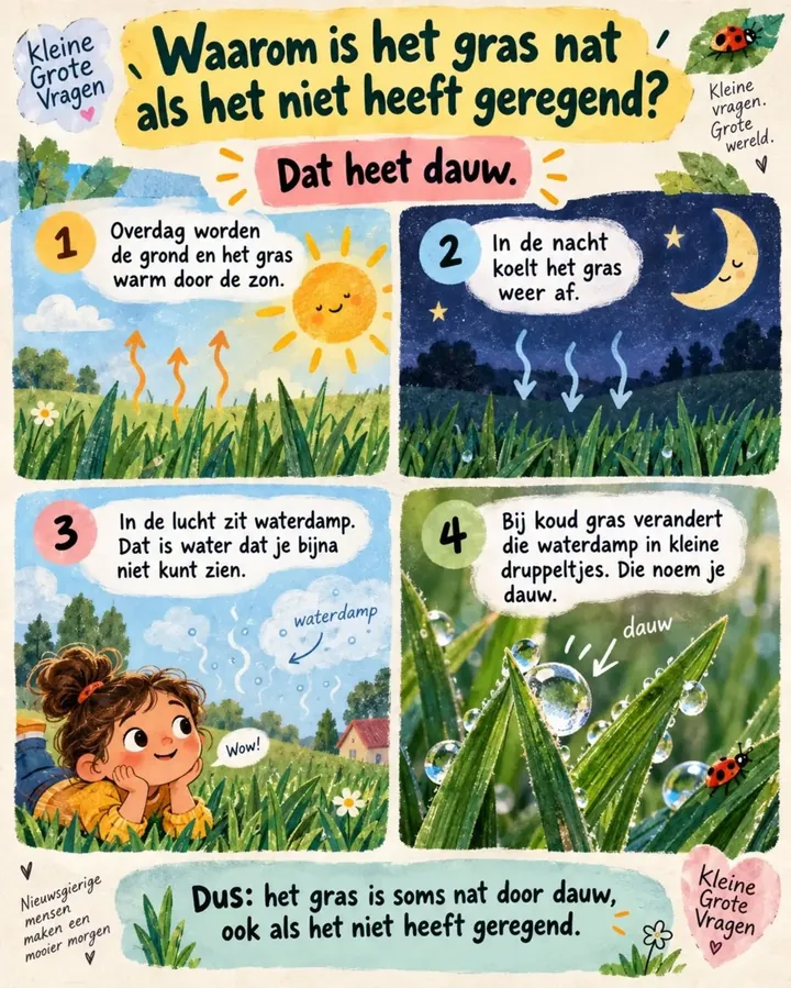 Plaat bij de vraag: Waarom is het gras 's ochtends nat?